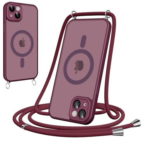 Pnakqil Magnetische Handyband mit Band für iPhone 13 Hülle -Necklace HandyHülle Durchscheinende mit Kameraschutz,justierbarer und Abnehmbarer Kette,Crossbody Magnet Cover,Rot
