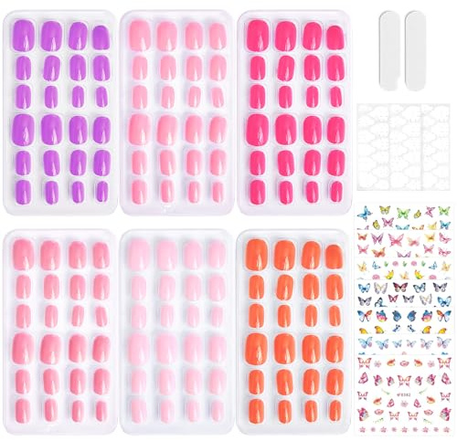 144 Stück 6 Pack Kinder Nägel zum Aufpressen vorklebend - Pink kurze künstliche falsche Nägel - Nägel zum Aufdrücken für Kinder mit vollständig abdeckendem Acrylnagelspitzen Kit (Rosa Lila Style Set)