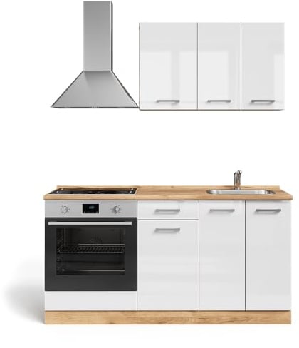 Vicco Singleküche R-Line, Weiß Hochglanz/Goldkraft Eiche, 160 cm | mit Herdumbauschrank mit Arbeitsplatte, zur Integration von Elektrogeräten und Spüle vorbereitet