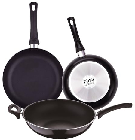 PIXEL Chef Sauce Set mit 2 Pfannen Ø 20 x 24 cm + Wok Ø 30 cm aus gepresstem Aluminium und Antihaftbeschichtung