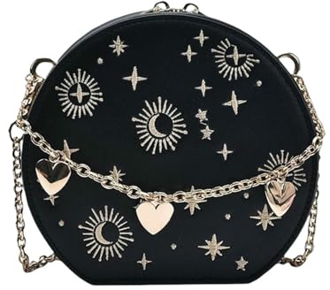 LUYYBDBG Umhängetasche Retro Bestickte Kleine Runde Tasche Sterne Und Mond Personalisierte Tragbare Liebeskette Handtasche Damentasche Einzelschulter Umhängetasche-schwarz