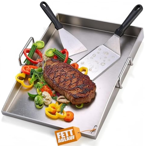 Gutenguy Premium Plancha Grillplatte Set - 40 x 30 cm - Grillplatte für BBQ Gasgrill & Kohlegrill - 4mm Dicke Plancha Gasgrill - Edelstahl mit Grillspachtel Set
