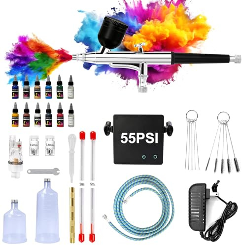 55PSI Airbrush-Set mit Kompressor, Doppelwirkungs-Airbrush mit 3 Modi und 0,2/0,3/0,5 mm Düsen, Enthält 10 Flaschen Acrylfarbe und 2 Flaschen Reinigungslösung Geeignet für Bastelarbeiten, Tattoos us.