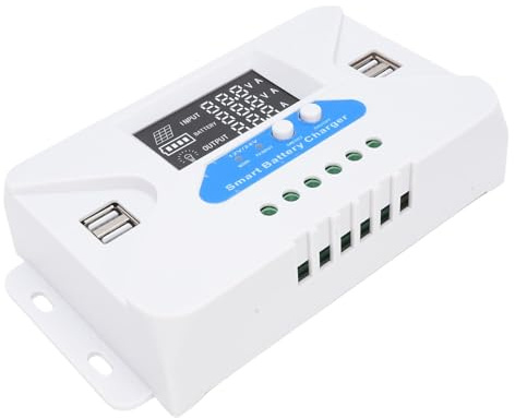 Drfeify Contrôleur de Charge Solaire, Régulateur PVC 10 A pour Batteries au Lithium AGM Gel, 4 Ports USB avec écran LCD pour Téléphones et Tablettes