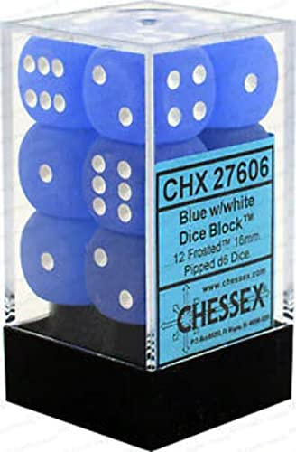 Chessex 16mm d6 with pips Dice Blocks (12 Dice) - Frosted Blue w/White