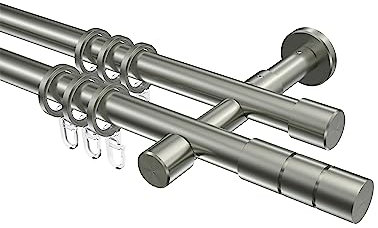 Interdeco Edelstahl Optik Gardinenstange 20 mm Ø doppelläufig Prestige Elanto, 220 cm
