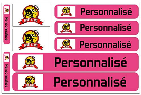 Kit 9 Stickers personnalisés pour Motos, Voitures ou vélos. Étiquettes avec Votre Drapeau et Votre Texte. Modèle: Rose