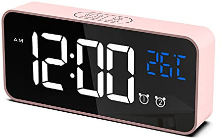 CHEREEKI Sveglia Digitale, LED Sveglia da Comodino con Temperatura/Snooze/ 2 Allarme/12/24 Ore/Porta di Ricarica USB/10 Musiche(Rosa)