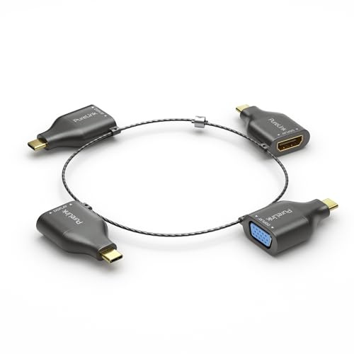 PureLink, USB-Adapter-Set, Adapter Ring, DisplayPort, mini DisplayPort, HDMI und VGA auf USB-C, 4K Auflösung, Diebstahlsicherung, vergoldete Kontakte, schwarz