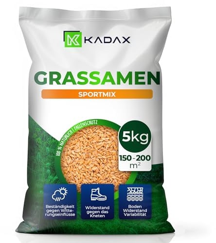 KADAX Sportrasen, 200 m², Spielrasen, Saatgutmischung, Rasensamen, Grassamen, Rasensaat, Rasenmischung, wirksames Saatgut, Gras, Rasensaatmischung (5 kg)