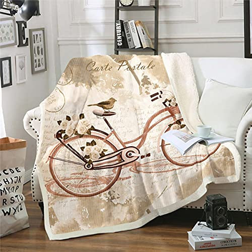 Paris Sherpa Decke Krawatte Färbung Decke werfen Alten Brief Fleece Decke für Kinder Mädchen Fahrrad Blumen Vögel romantische Frankreich Frühlingsausflug Fuzzy Decke Sofa Dekor 150x200