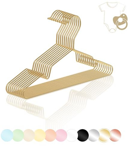 ROW&LINE® – Kinder Kleiderbügel (30 cm) – 10 Stück (Gold) – platzsparende Babykleiderbügel – belastbar mit Schwerer Kleidung – Drahtkleiderbügel für Ordnung & einheitliche Optik im Kleiderschrank