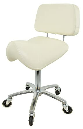 VAKON SALON - Breiter Sattelhocker mit Lehne Weiß, Sattelstuhl für Rückenentlastung, Rollhocker höhenverstellbar von 50-65 cm Drehhocker, Praxishocker, Bürohocker, Arbeitshocker