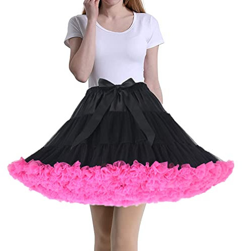 Tmade Jupe en Tulle pour Femme - Jupon de Cosplay Multicouche - Jupe Tutu pour Halloween Rock Party Festival Celebration Longueur : 40 cm - Tour de Taille : 56-100 cm(Noir et Rouge rosé)