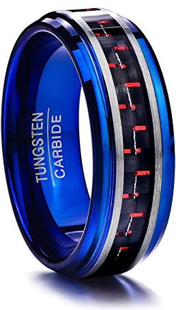 Vakki Blau Eheringe Herren Damen 8mm Wolframcarbid Schwarz Kohlefaser Ring Freundschaftsring Verlobungsringe Geeignet für Heiratsantrag Größe 61(19.4)