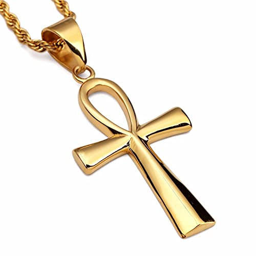 MAYIYAHO Gyptian Cross Necklace Men Jewelry Stainless Steel Rope Chain Gold Color Key of the Nile Vintage Pendan