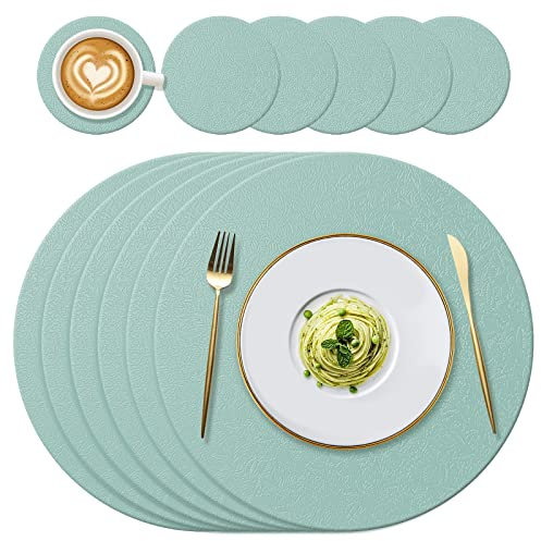 YUNJUER Lot de 6 sets de table ronds en silicone + 6 dessous de verre, résistants à la chaleur de 232.2 °C, antidérapants et lavables, l'intérieur et l'extérieur, (vert clair)