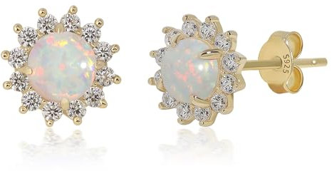 Weiße Feueropal-Ohrringe 4.5 x 4.5 mm zierlicher Edelstein Opal runde Ohrstecker Oktober-Geburtsstein zierliche Opal-Ohrringe handgefertigt Hochzeitsschmuck Geschenk für Bräute Abschlussfeier (Gold)