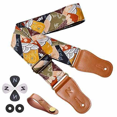 Nefelibata Japanischer Baumwollgitarrengurt für Akustikgitarre, Ukulele, kostenloser Kopfplattengurt-Adapter mit Schnalle, Gitarrenplektren und Gurtschloss