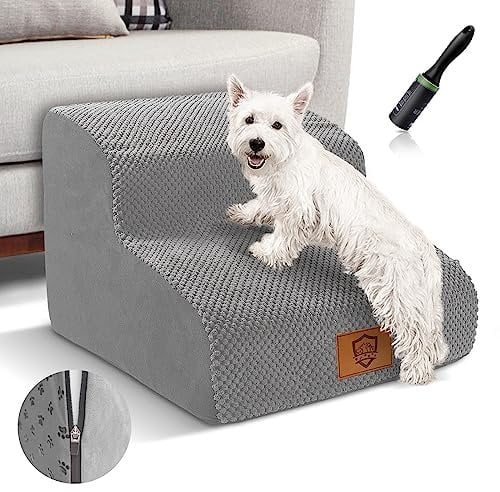 Myiosus Dog Steps for Sofa/Bed, Foam Dog Stairs with Removable Waterproof Cover, Non-Slip Pet Steps for Small Dogs & Cats, Injured Pets up to 50 lbs, 30 cm High Steps for Dogs to Get on the Bed, Grey