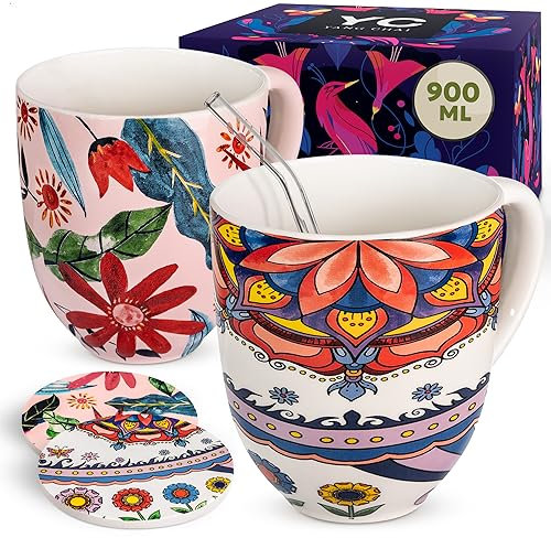 YC Yang Chai Jumbotasse 900ml - 2er Set - Teetasse Set aus Knochen porzellan - XXL Tassen Geschenkset mit Untersetzer - Kaffeebecher Geschenkidee - Jumbobecher YC Tranquility + YC Sunflower (2er Pack)