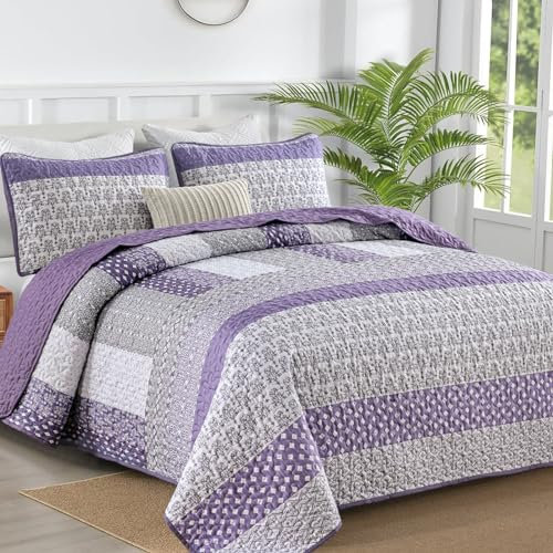 WONGS Bedding Violettes Steppdecken-Set für King-Size-Betten, Bohemian-Streifen, 3-teilig, Boho-Stil, gesteppt, leichte Mikrofaser, Bettbezug-Set, für alle Jahreszeiten (264,2 x 228,6 cm)
