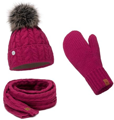 ELIMELI® Damen Winter Mütze warme Strickmütze Wintermütze mit Bommel Slouch Strick Beanie Damen für Winter Bommelmütze Hergestellt in EU Farbenauswahl 15568 (Fuchsia - Mütze Schal Handschuhe)