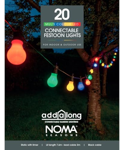 NOMA Connectable Festoon Lights, 20 Multicolour Bulbs, 10.6 m (Pack of 1) | LED Pro Bulbs, Connectable for Larger Areas, Weather Resistant, Energy Efficient, for Outdoor Decor