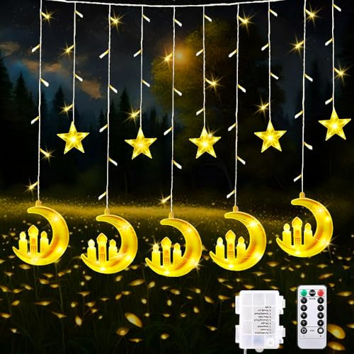 HIQE-FL Ramadan Lichterkette, 3.3M Star Moon Vorhang Dekorative LED-Lichter, 8 Blinkende Modi, Batterie & USB Betrieben, Mond Sterne Lichterkette, Eid Mubarak Licht (B)