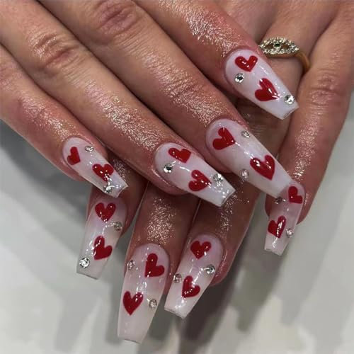 Brishow Valentine's Day Red Heart Press on Nails - Rhinestone French Long Reusable Fake Nails - 24pcs for Women and Girls