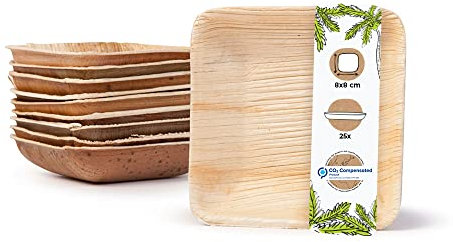 GREENBOX Juego de 25 cuencos para aperitivos, cuencos desechables orgánicos, cuadrados de 80 ml, 8 x 8 cm, vajilla para fiesta compostable, biodegradable, hojas de palma, vajilla desechable para