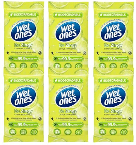 Wet Ones (Be Zingy) - Antibacterial Hand wipes - Dermatologically Tested, Biodegradable Ideal for Travel - 6 Packs of 12 (72 Wipes) - In Axpower Technology Empowering Box Packaging