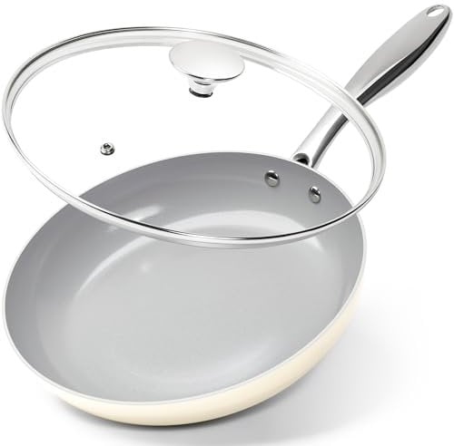 MICHELANGELO Non Stick Frying Pan 26cm, Ceramic Fry Pan with Lid, Induction Skillet Nonstick, Non Toxic Frying Pans, Ceramic-Coated, Beige
