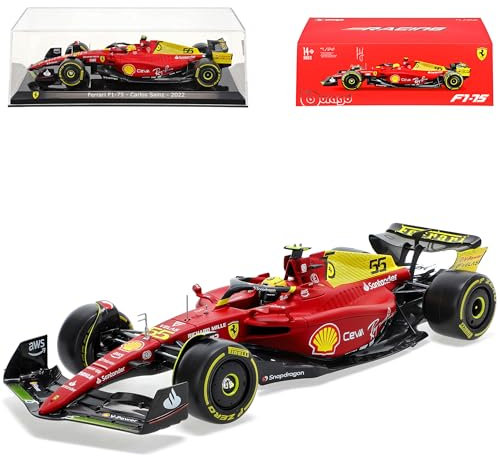 Ferrari F1-75 Nr 55 Carlos Sainz Formel 1 Edition Monza Italien Saison 2022 mit Sockel und Vitrine 1/24 Burago Modell Auto