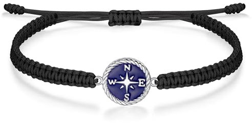 J.Endéar Kompass Armband für Damen Mädchen Silber 925, Schnur Seil Armband Handgemachte Marineblau Schmuck, Reise Abenteuer Graduierung Freundschaft Geschenk, Schwarz