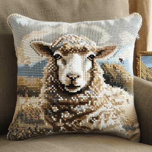 RKFLGEW DIY knüpfen set kissen Schaf Tier knüpfhaken set Tierportraits DIY-Kissenbezug，Häkelgarn，Nadel，Basteln，handgefertigtes Kissen für Zuhause，Sofa-Dekoration 43x43cm