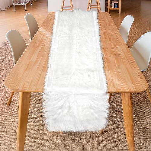 Tischläufer Fell, Kunstfell Tischläufer Weiß Tischläufer Felloptik für Weihnachten Winterdeko Innen Hochzeit, Fell Tischläufer Abwaschbar - 180X35 cm