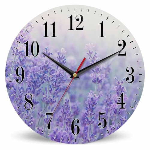 Mxocom Lavender Flowers Wall Clock Sunlight Pastel Violet Lavande Field 10 Inch Silent Non Ticking Battery Operated Clock Vintage Round Clock for Living Room Bedroom Bathroom Office Decor