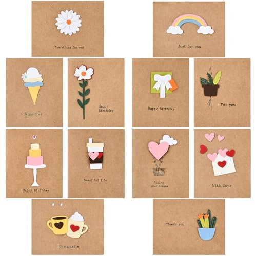 12 Stück Geschenkkarten, Grußkarten für Glückwunschkarte, Geburtstagskarten Set mit Umschlägen, Hochzeit Grußkarten Glückwünsche, Klappkarten Inklusive Briefumschlag aus Kraftpapier