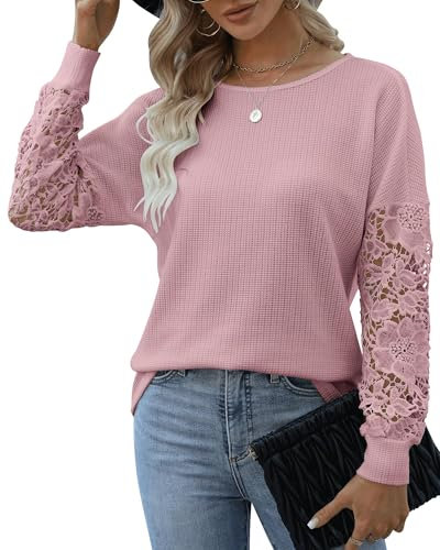 Hount Damen Bluse Mit Spitzenärmeln 2024 Waffelstrick Pullover U-Boot Ausschnitt Langarmshirt Elegant Oberteil (L, Rosa)