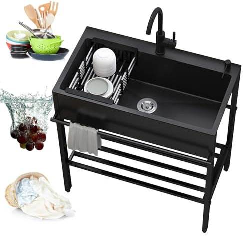Évier Utilitaire en Acier Inoxydable avec Robinet, évier de Salle de Bain, armoires de buanderie de Cuisine extérieure autoportantes, avec Support et kit de vidange, pour kitchenette, Ferme,