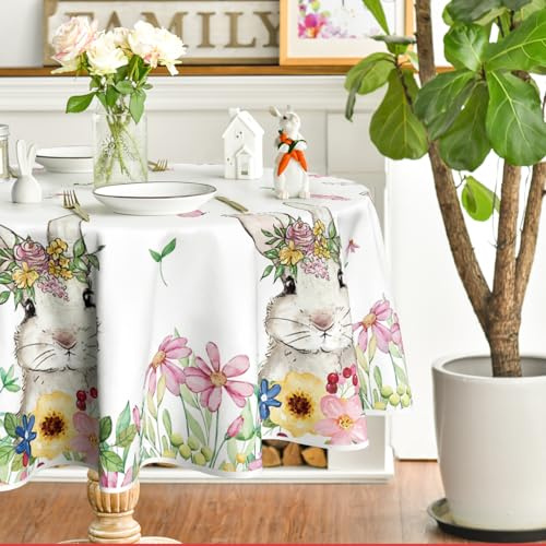 Artoid Mode Blumen Kaninchen Hasen Frohe Ostern Tischdecke Rund 140 cm, Saisonnal Frühling Fleckschutz Tischwäsche Küche Dekoration Party Dekor