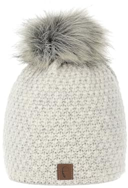Faera Damen Bommelmütze mit Kunstfell Bommel Thermo-Fleece Innenfutter für kalte Wintertage