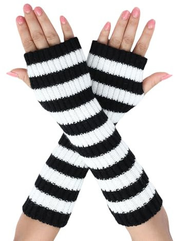 Symphonyw Damen Lange Fingerlose Handschuhe, Gestreift Stricken Armstulpen, Weiche Winter Armwärmer mit Daumenloch (Schwarz+Weiß)