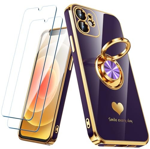 Nonional Compatible for iPhone 11 Case with 2 Pack Screen Protector, 360° Rotatable Ring Holder [Luxury Hearts Pattern] Plating Gold Edge Slim Soft Phone Cover Case for iPhone 11 - Purple