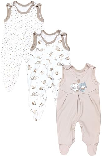 TupTam Baby Mädchen Strampler mit Fuß 3er Pack, Farbe: Bärchen Sterne Beige, Größe: 50