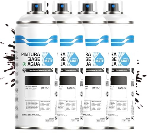 Etrexonline Pintura Spray Ecológica 400ml - Base Agua, Sin Olor - Para Muebles, Metal, Plástico y Madera - Colores Vivos y Permanentes, Cobertura Uniforme - Negro Mate, 4 unidades