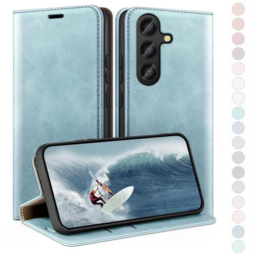 HUOUH für Samsung Galaxy S25 Hülle mit RFID Schutzhülle aus Lederhülle Handyhülle,Kartenfach Leder ständer Handy hülle,360 Grad Schutz Cover für Samsung S25 Klapphülle Wallet Case Hellblau