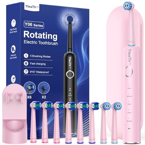 Spazzolino Elettrico Rotante per Adulti con 8 Testine - Spazzolino Denti Rotante per Adulti con Custodia da Viaggio, 5 Modalità, Impermeabile IPX7, Spazzolino Elettrico da Viaggio Ricaricabile, Rosa