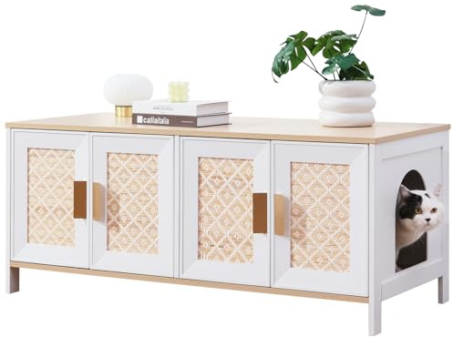 Large Boho Cat Litter Box Enclosure for 2 Cats, Hidden Cat Washroom Furniture with Rattan Doors, Dual Compartment Litter Cabinet & TV Stand, Modern Wooden Cat House (47.2”L x 19.6”W x 19.8”H)